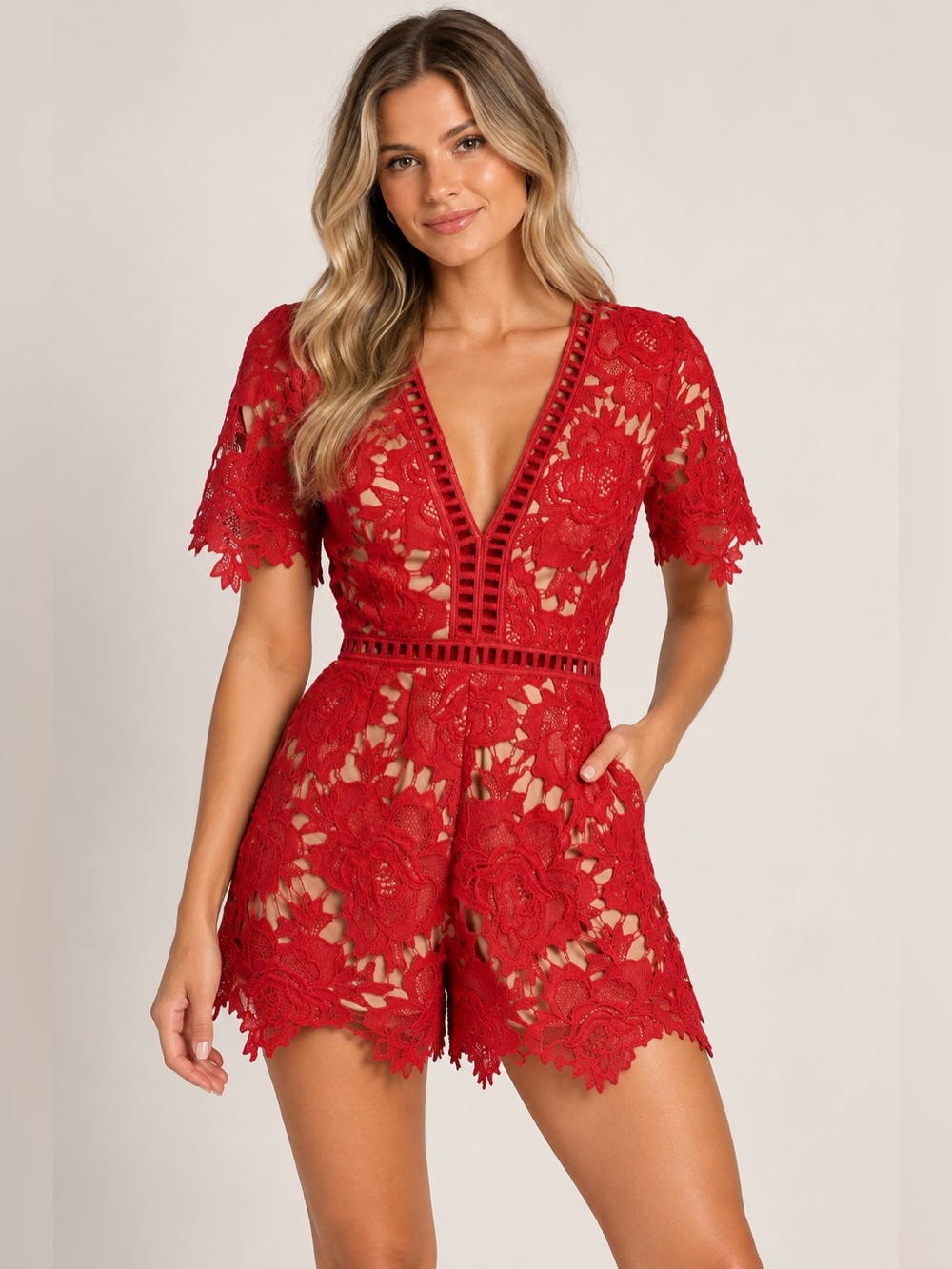 ASTR Floral Lace V Neck Short Sleeve Romper Red Lipstick